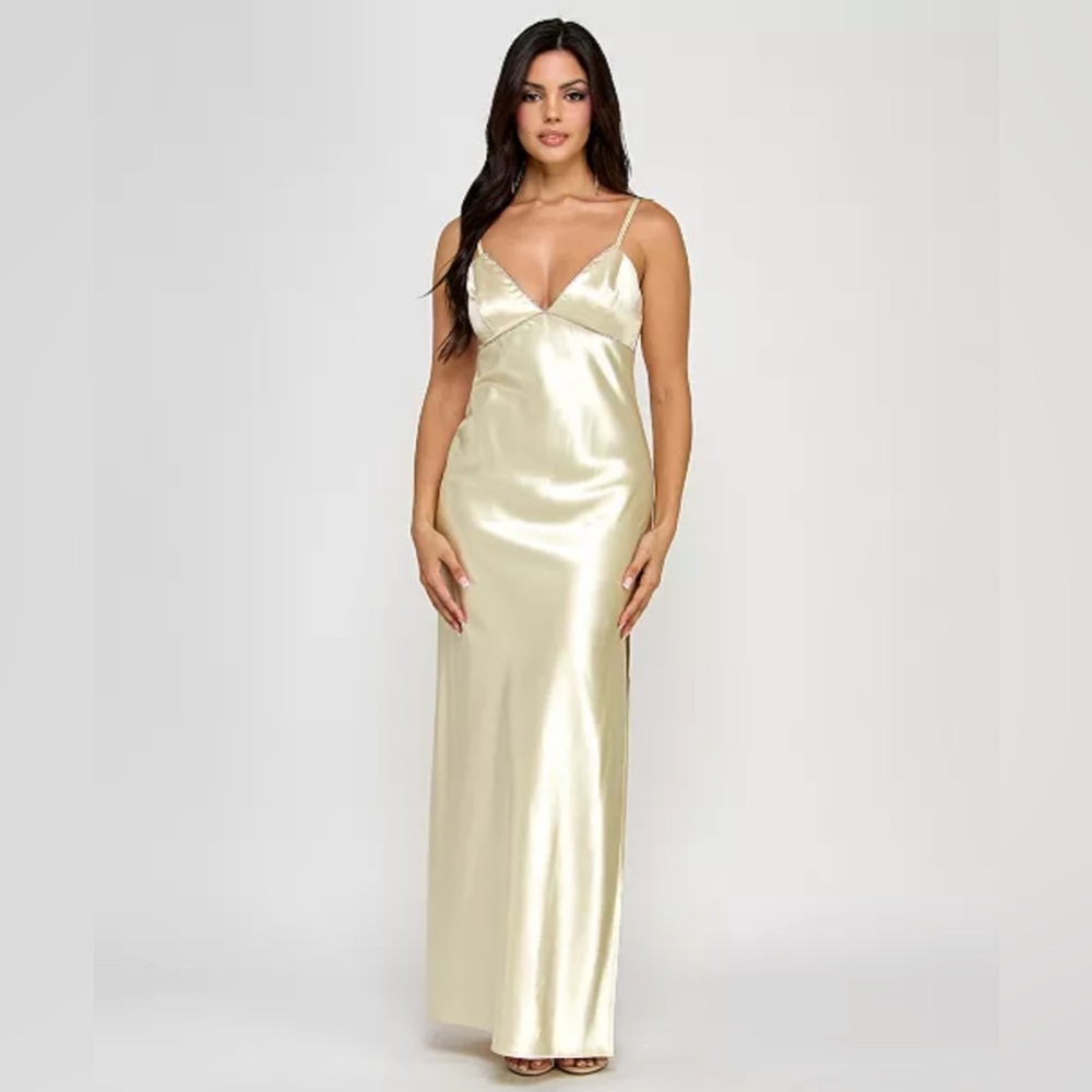 Morgan & Co butter Yellow Satin Embellished V-Neck Sleeveless Dree Size M - Picture 2 of 6